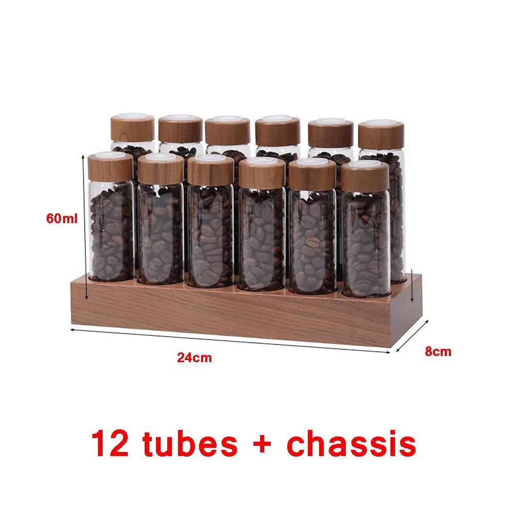 Havmore Wooden Holder 12 Testing Tubes Single Dose Coffee Bean Glass Container