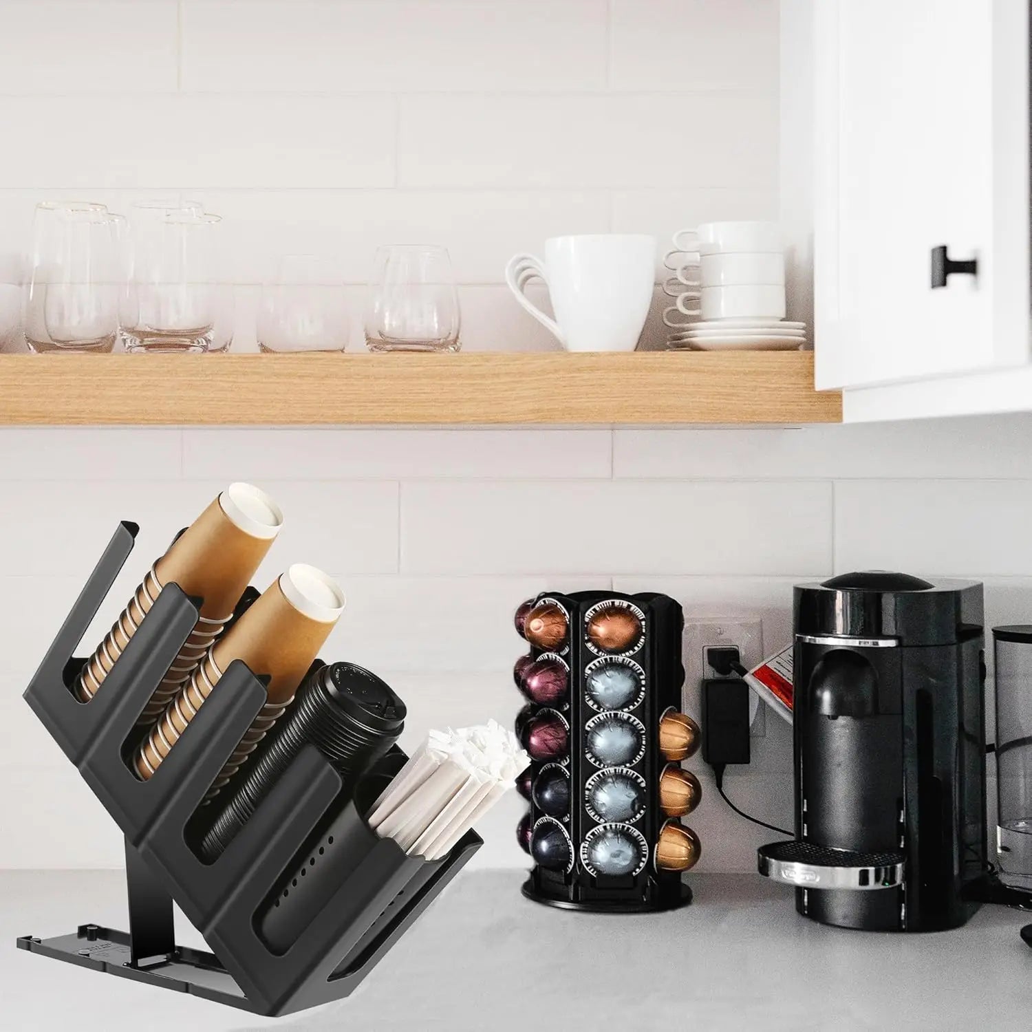 Paper Cup and Lid Holder with Straw Organizer, Disposable Coffee Cup