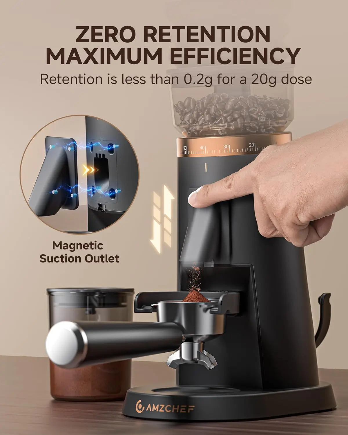 Single Dose Coffee Grinder Anti-Static Design Quiet Motor & LED Light