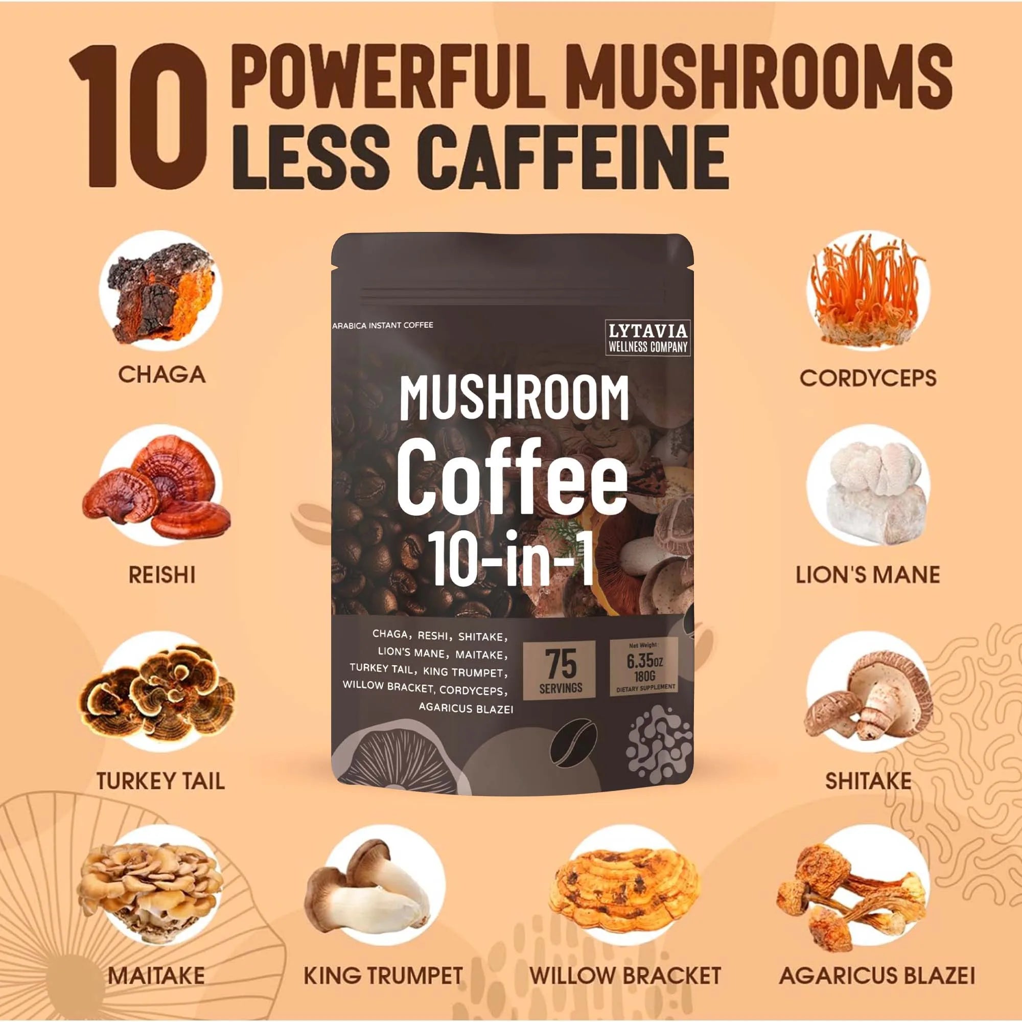 Mushroom Coffee With 10 Adaptogenic Mushrooms And MCT Oil, USA Grown