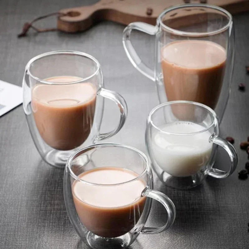 Heat Resistant Clear Double Wall High Borosilicate Glass Mug with Handle Coffee
