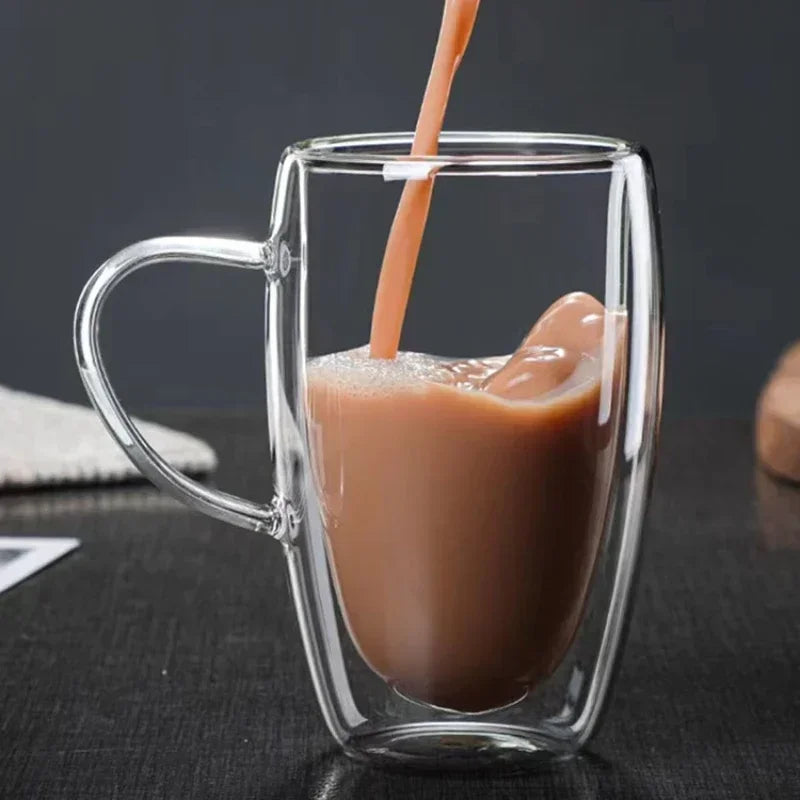 Heat Resistant Clear Double Wall High Borosilicate Glass Mug with Handle Coffee