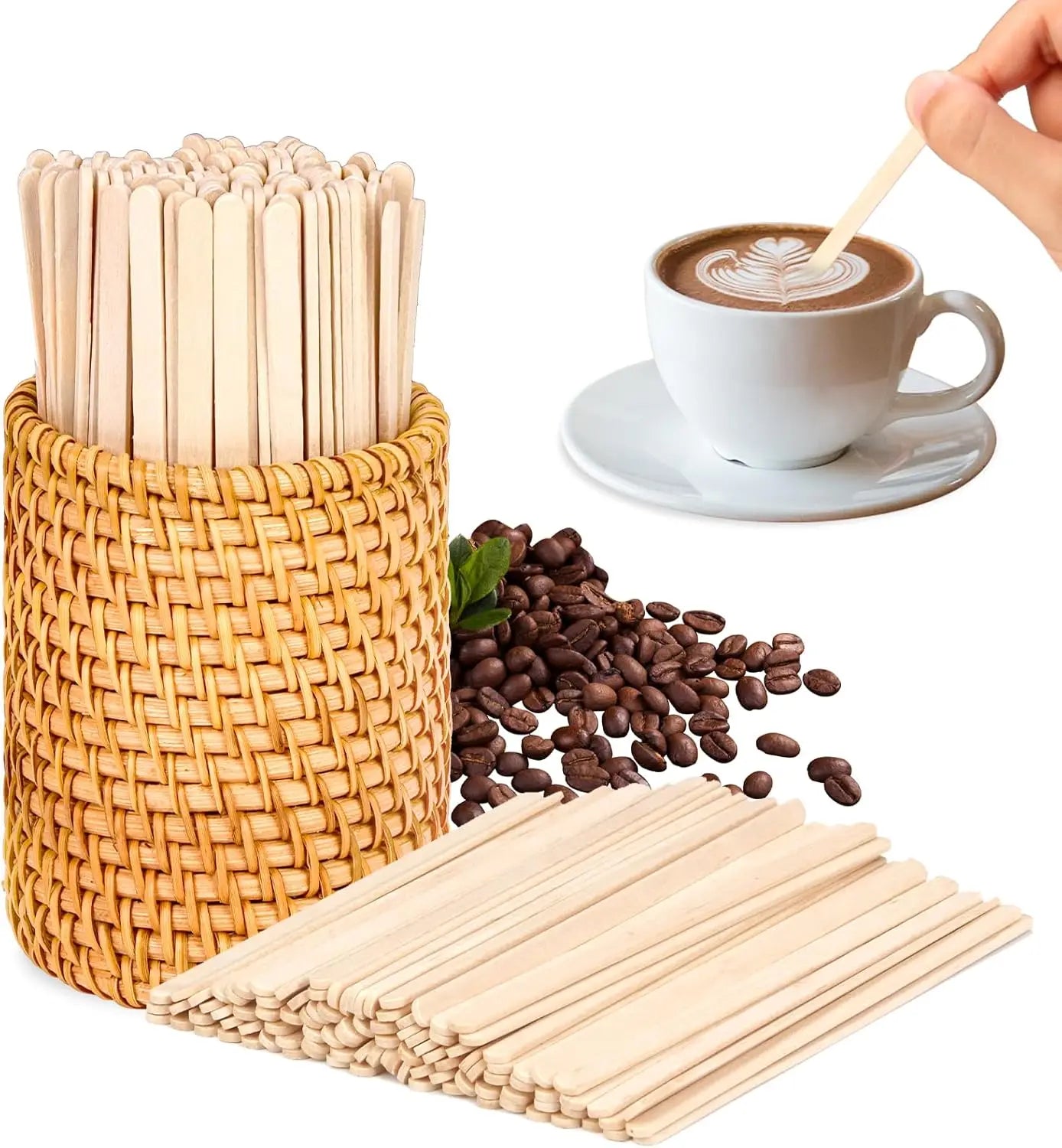 Wood Rattan Coffee Stirrers Holder Set, Disposable Beverage Stir Sticks for Hot