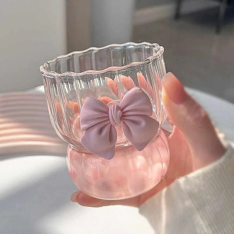 Pink Glass Cup With 3D Bow Lid, Heat-Resistant Borosilicate Glass Cup For Hot