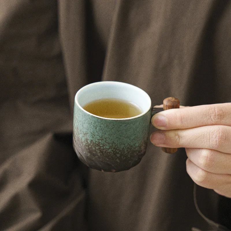 Ceramic retro coffee cup, office water cup, tea cup, wooden handle coffee cup