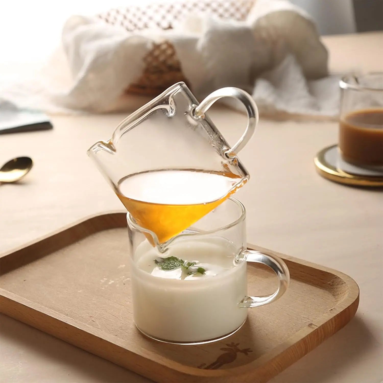 Set of 2 Clear Glass Espresso Cups with Handle, 4 OZ Double Spouts for Machine