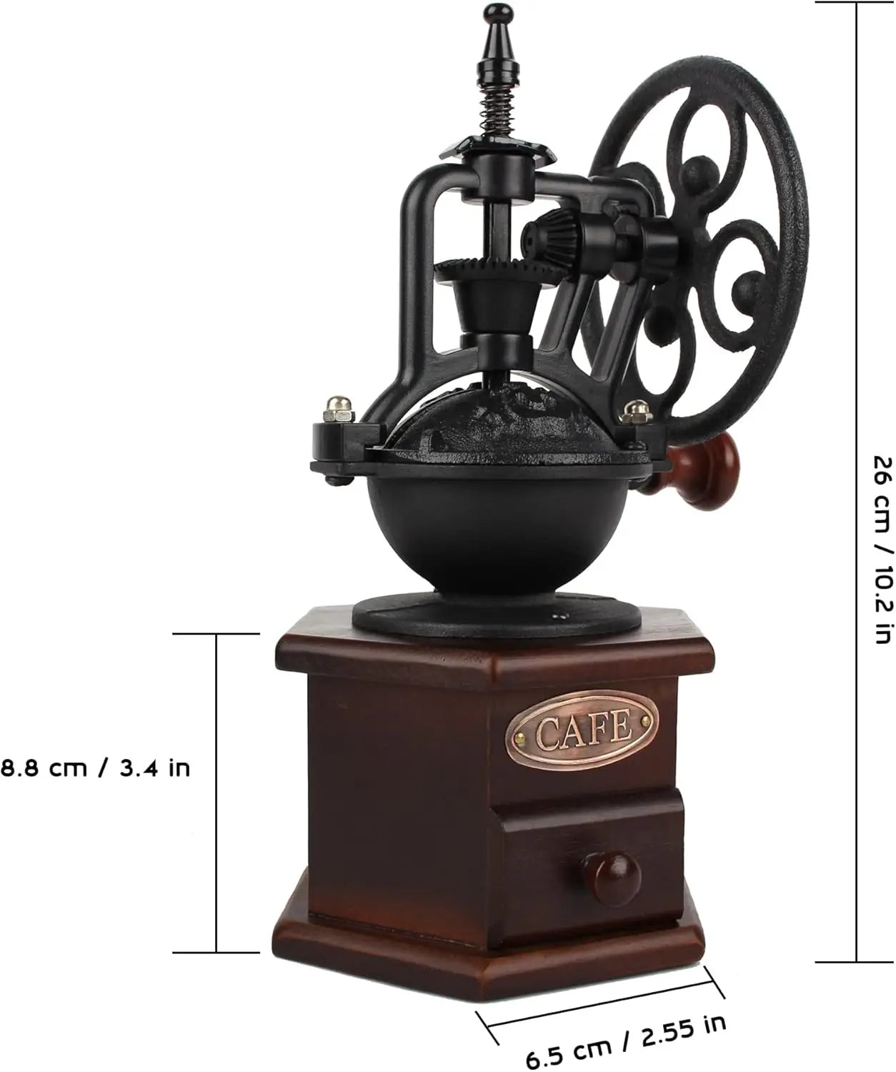 Manual Coffee Grinder, Antique Wooden Roller with Cast Iron Crank for Fresh Brew