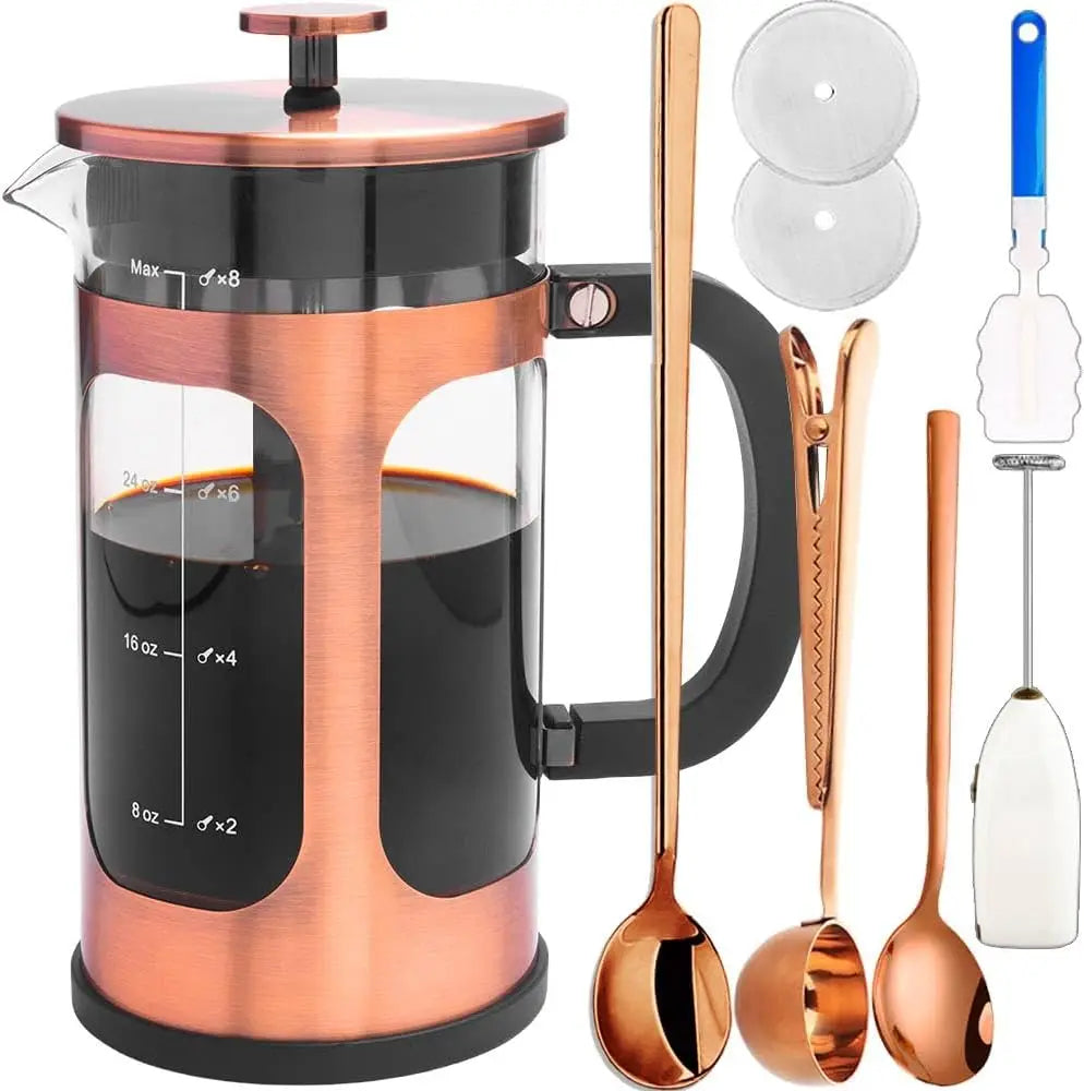 French Press Coffee Maker with 4 Filters Stainless Steel & Heat-Resistant Glass