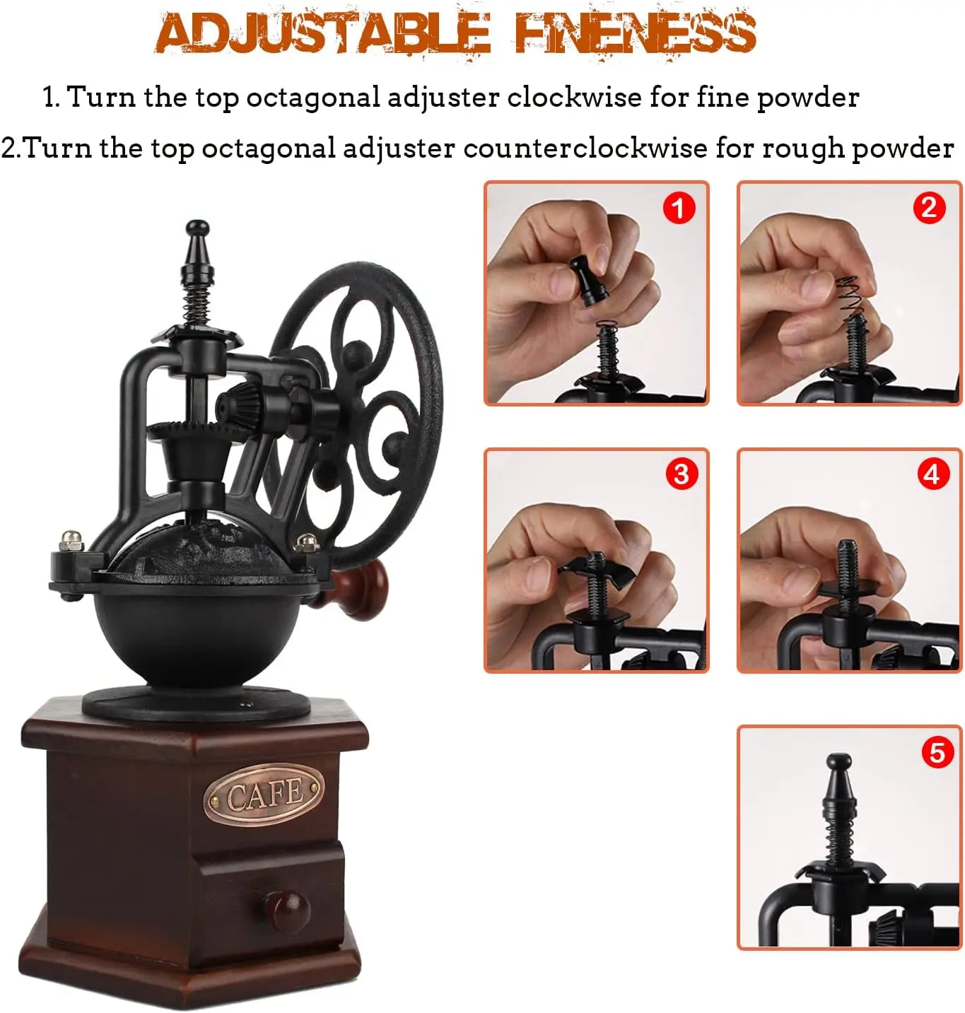 Manual Coffee Grinder, Antique Wooden Roller with Cast Iron Crank for Fresh Brew