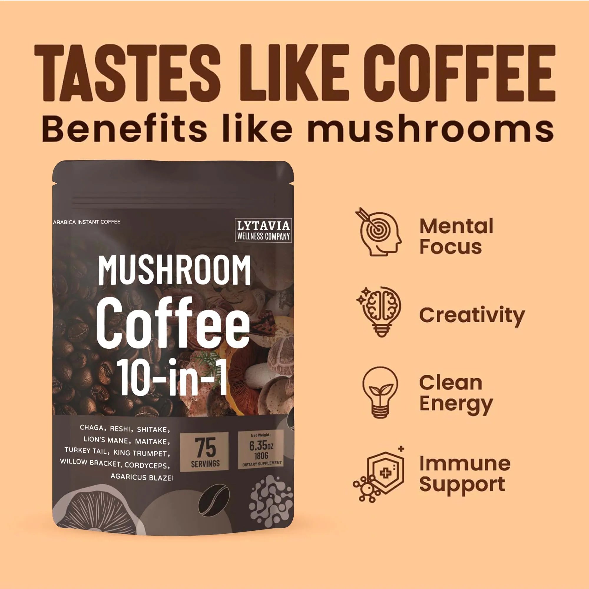 Mushroom Coffee With 10 Adaptogenic Mushrooms And MCT Oil, USA Grown