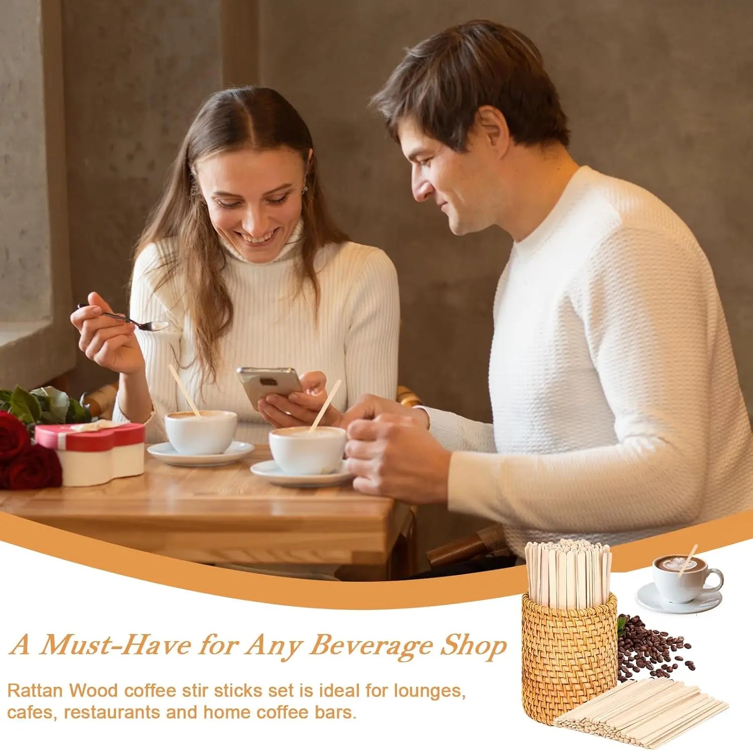 Wood Rattan Coffee Stirrers Holder Set, Disposable Beverage Stir Sticks for Hot