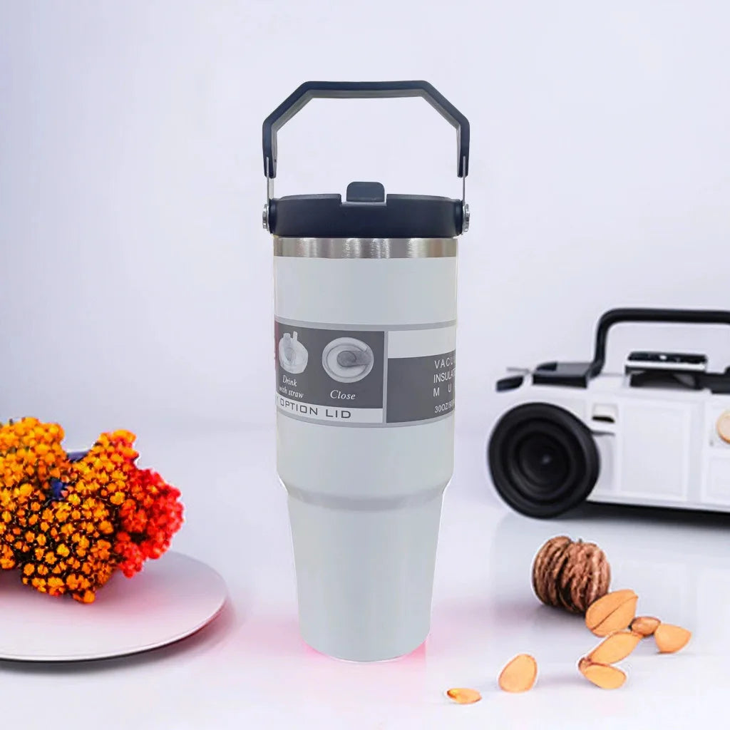 Double-Sided Portable Insulated Stainless Steel Coffee Cup with Straw for Car