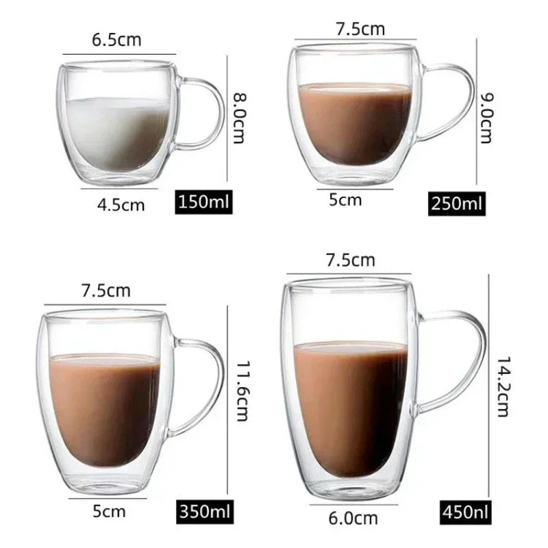 Heat Resistant Clear Double Wall High Borosilicate Glass Mug with Handle Coffee