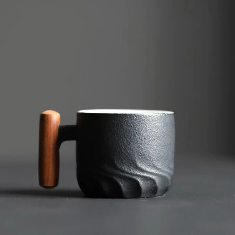 Ceramic retro coffee cup, office water cup, tea cup, wooden handle coffee cup