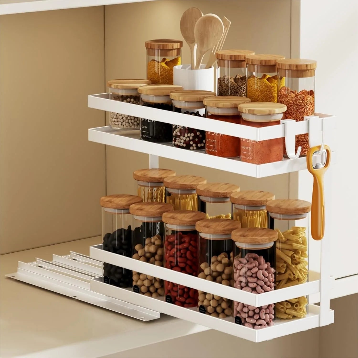 Pull Out Spice Rack Organizer for Cabinet, 2-Tier Metal Seasoning Storage Slide Out