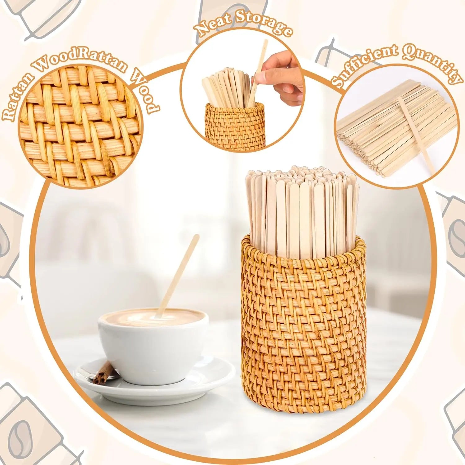 Wood Rattan Coffee Stirrers Holder Set, Disposable Beverage Stir Sticks for Hot