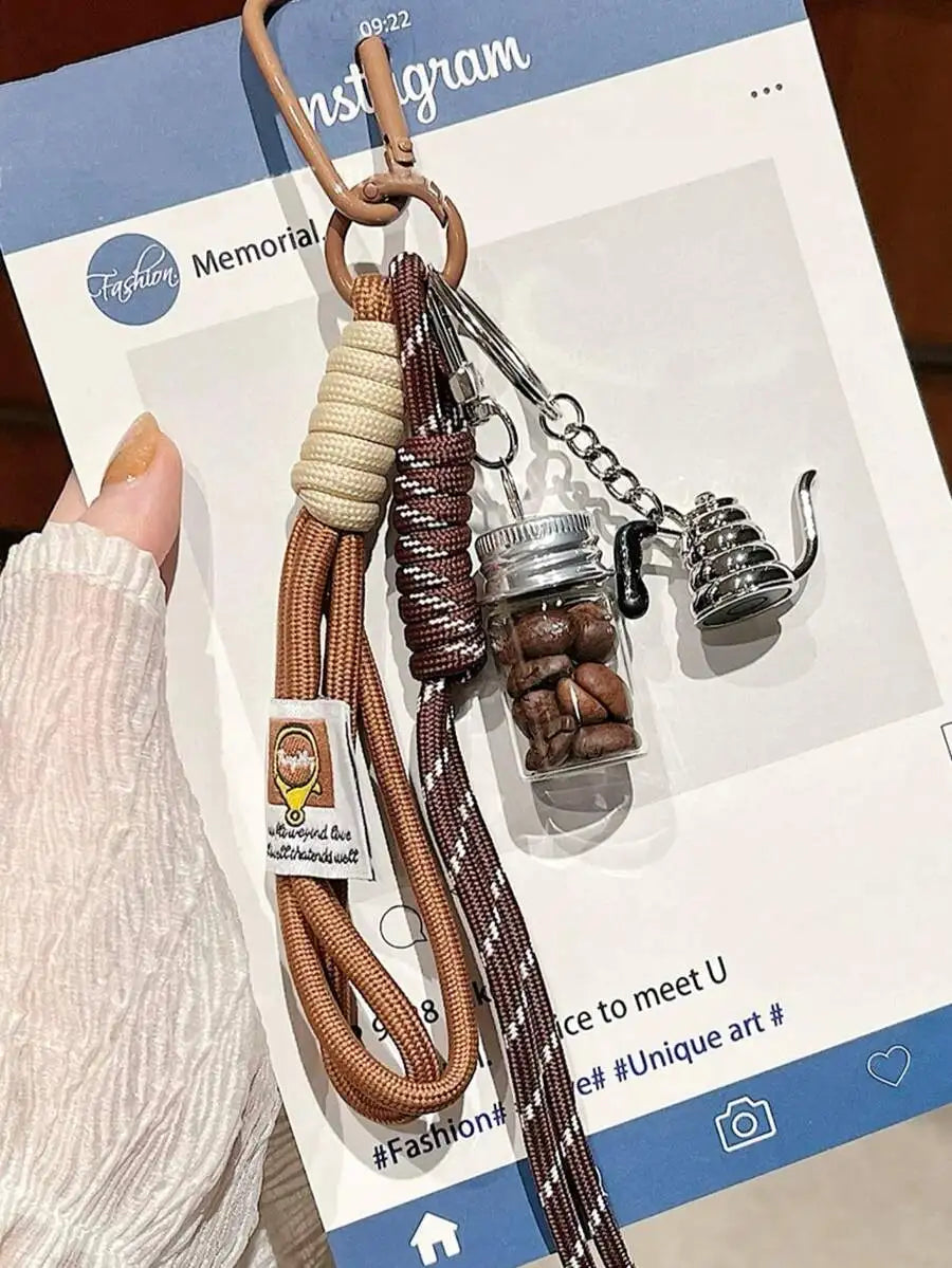 Handmade Coffee Bean Keychain With Mini Coffee Pot Pendant For Bag Car