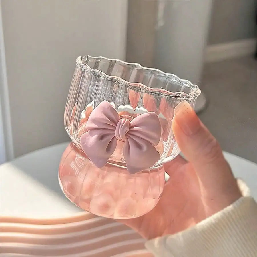 Pink Glass Cup With 3D Bow Lid, Heat-Resistant Borosilicate Glass Cup For Hot