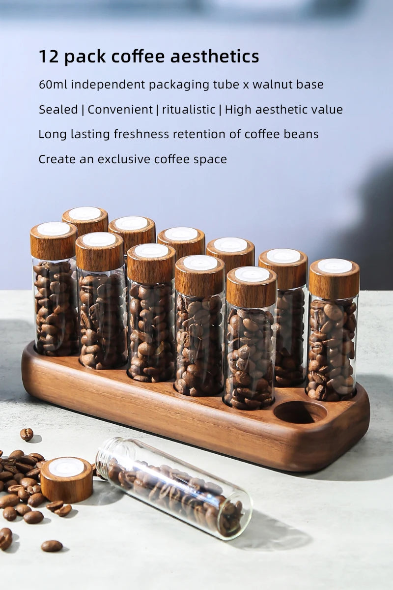 Havmore Wooden Holder 12 Testing Tubes Single Dose Coffee Bean Glass Container