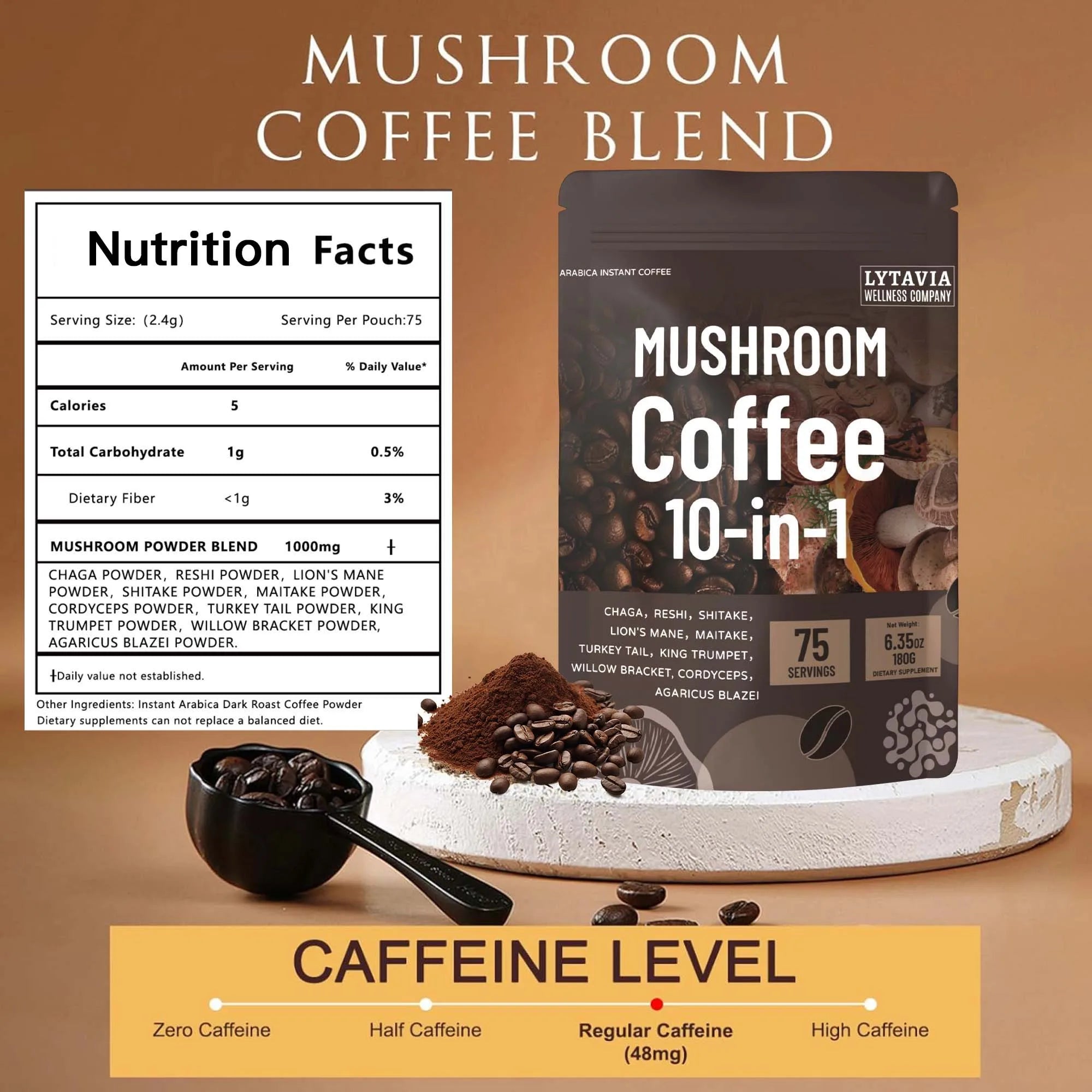 Mushroom Coffee With 10 Adaptogenic Mushrooms And MCT Oil, USA Grown