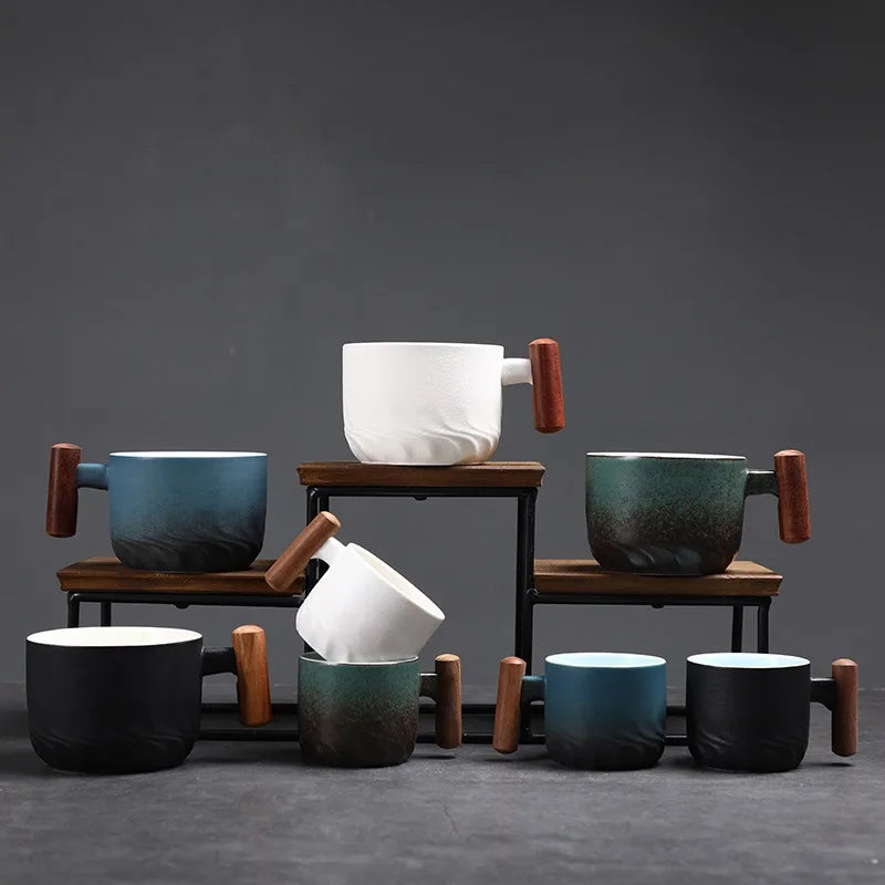 Ceramic retro coffee cup, office water cup, tea cup, wooden handle coffee cup