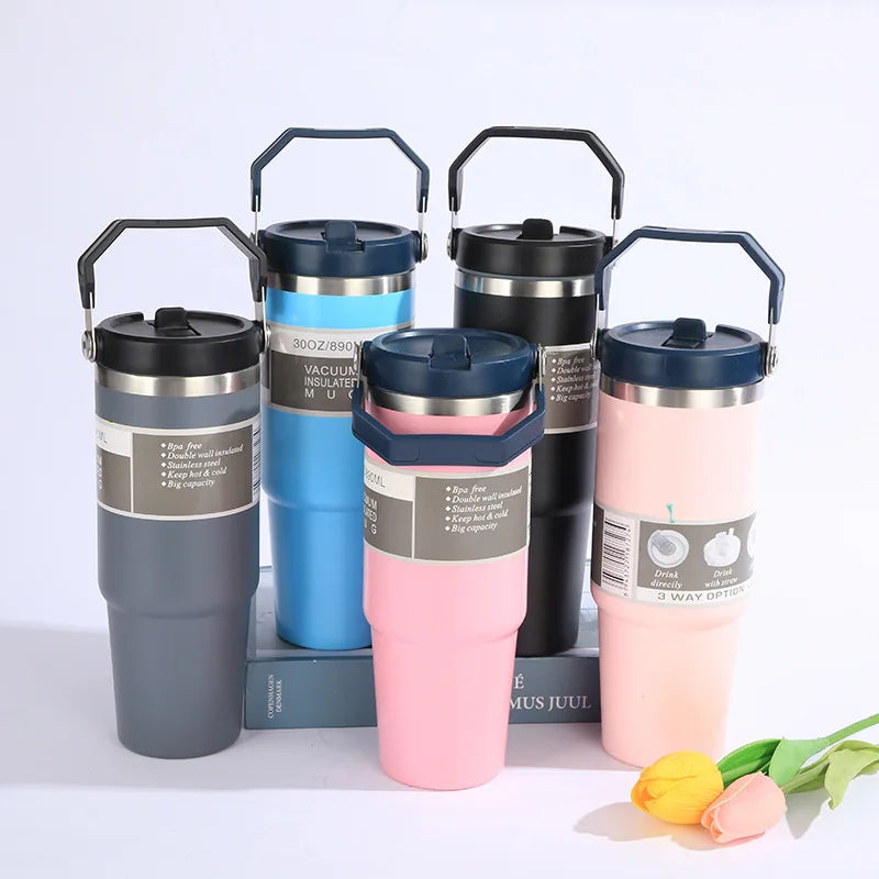 Double-Sided Portable Insulated Stainless Steel Coffee Cup with Straw for Car