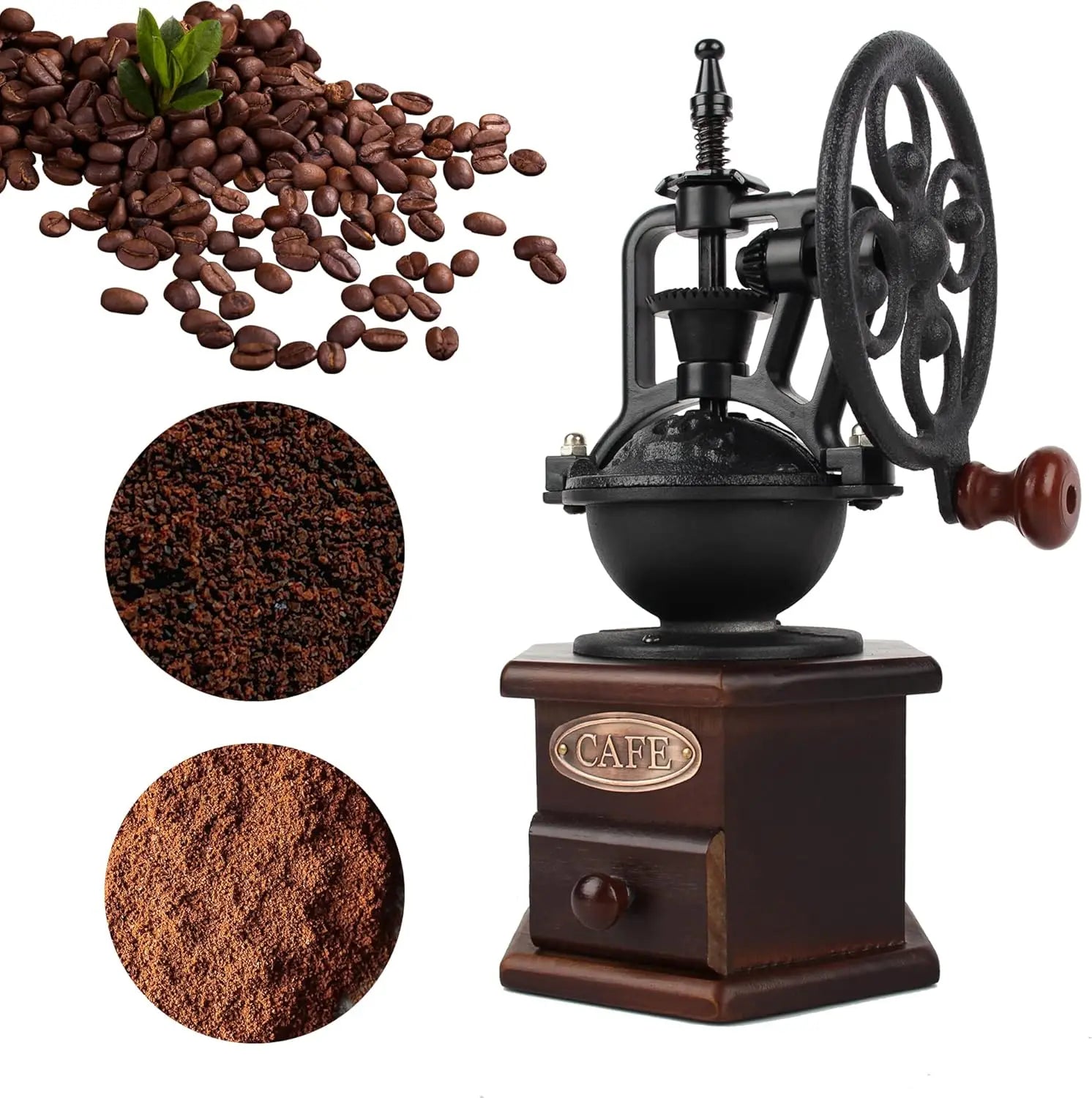 Manual Coffee Grinder, Antique Wooden Roller with Cast Iron Crank for Fresh Brew