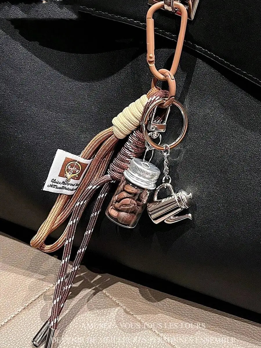 Handmade Coffee Bean Keychain With Mini Coffee Pot Pendant For Bag Car