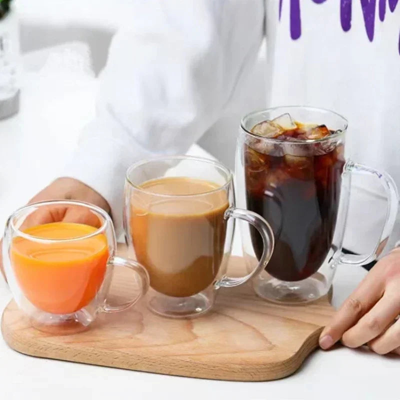 Heat Resistant Clear Double Wall High Borosilicate Glass Mug with Handle Coffee