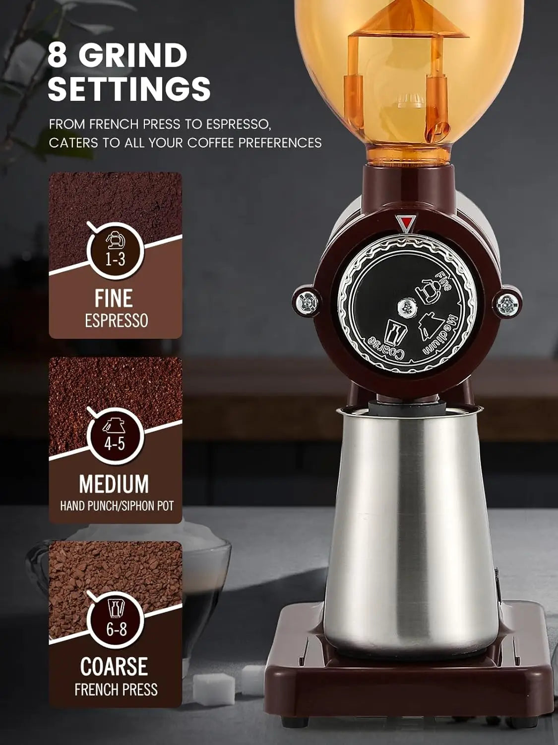 Stainless Steel Coffee Grinder Electric with 8 Grinding Settings Flat Use Red