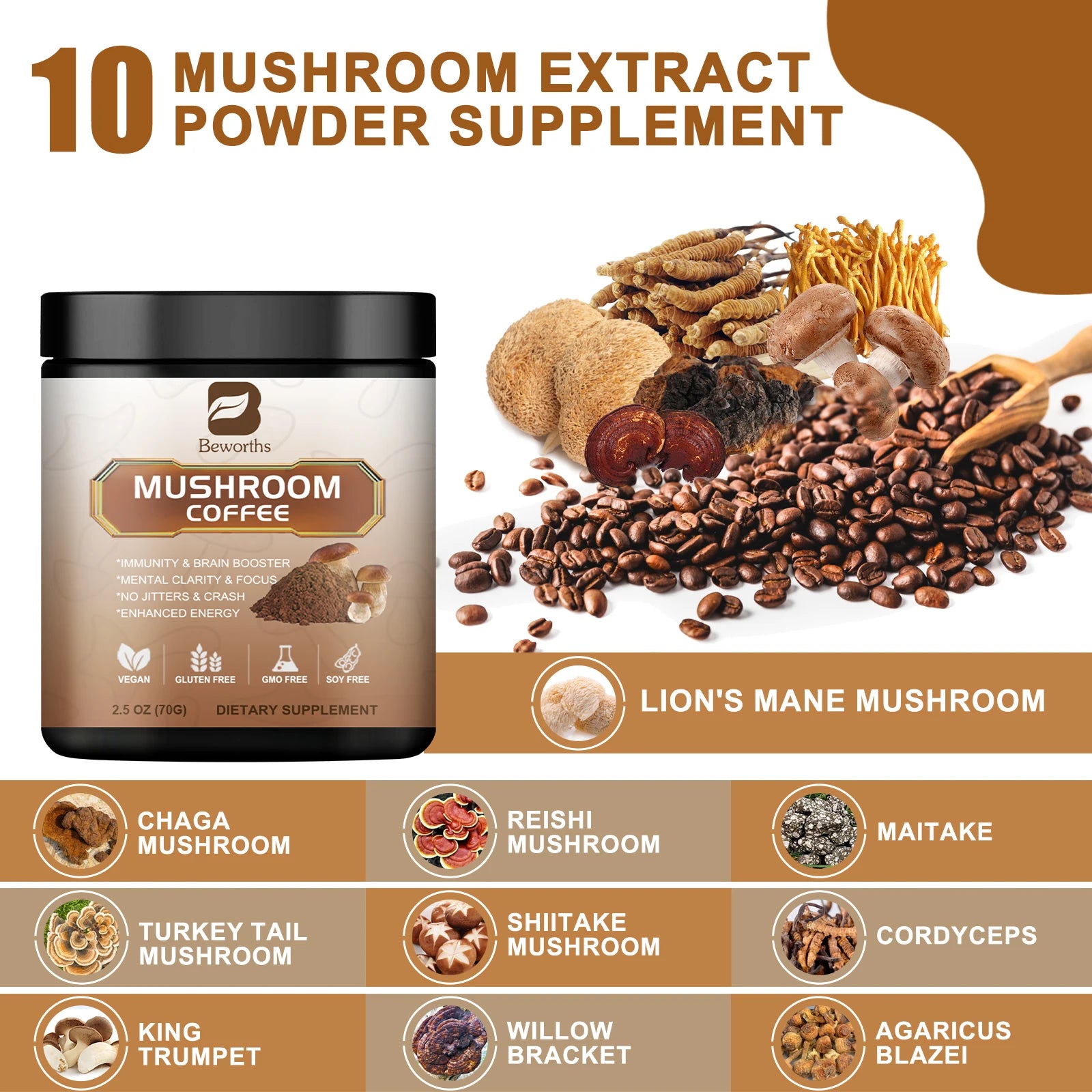 Mushroom Coffee for Immunity and Focus Health Boost Memory Free 1 Spoonful