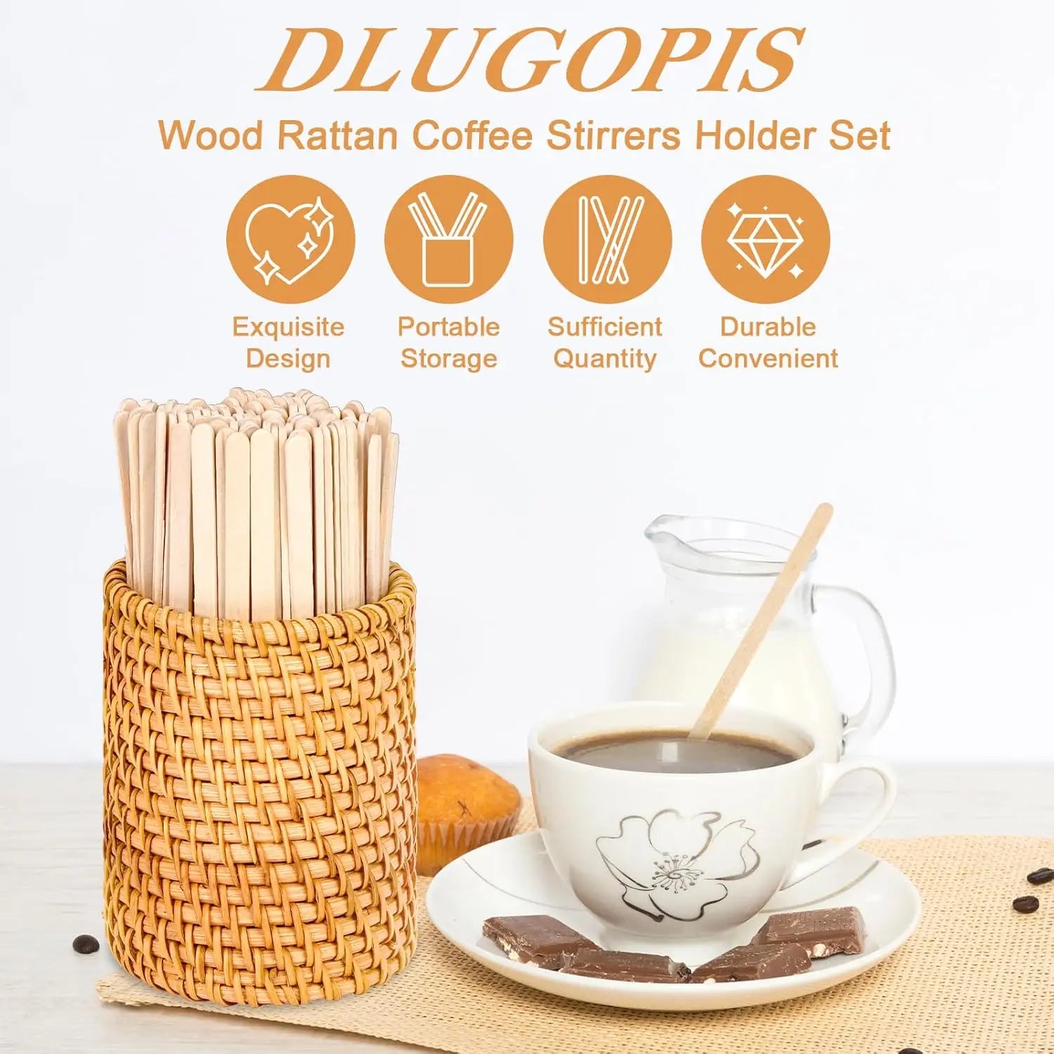 Wood Rattan Coffee Stirrers Holder Set, Disposable Beverage Stir Sticks for Hot