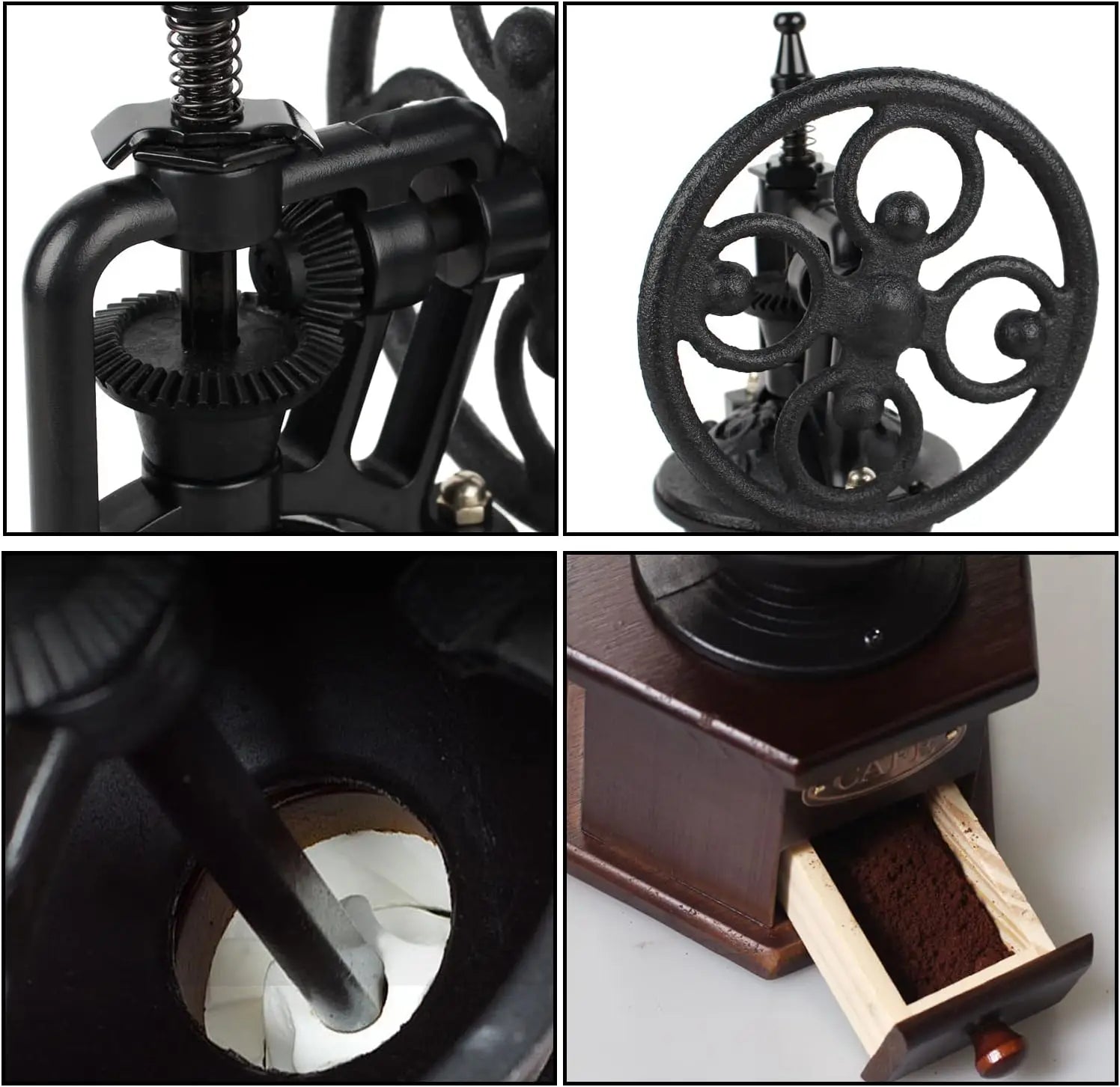 Manual Coffee Grinder, Antique Wooden Roller with Cast Iron Crank for Fresh Brew