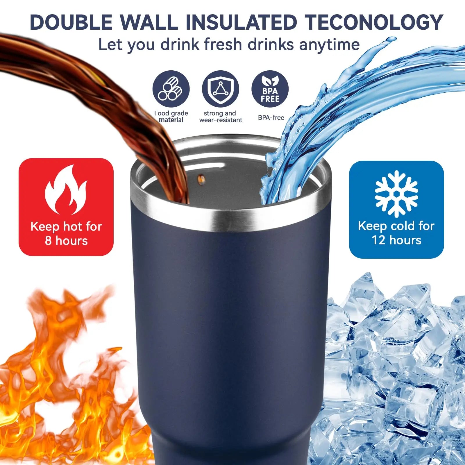 Double-Sided Portable Insulated Stainless Steel Coffee Cup with Straw for Car