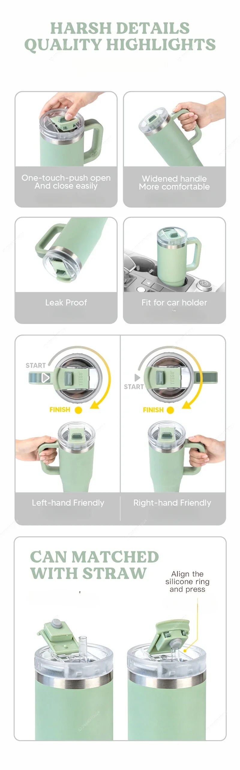 Tumbler Bottle Stainless Steel Car Mug With Handle Straw Thermal Iced Travel