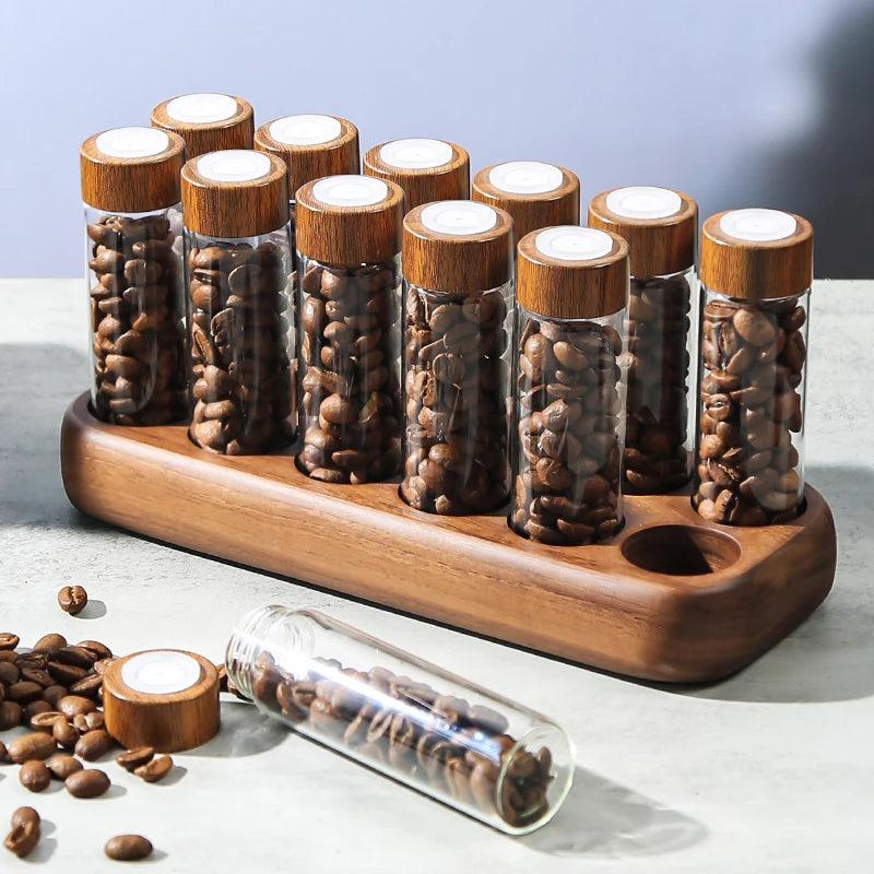 Havmore Wooden Holder 12 Testing Tubes Single Dose Coffee Bean Glass Container