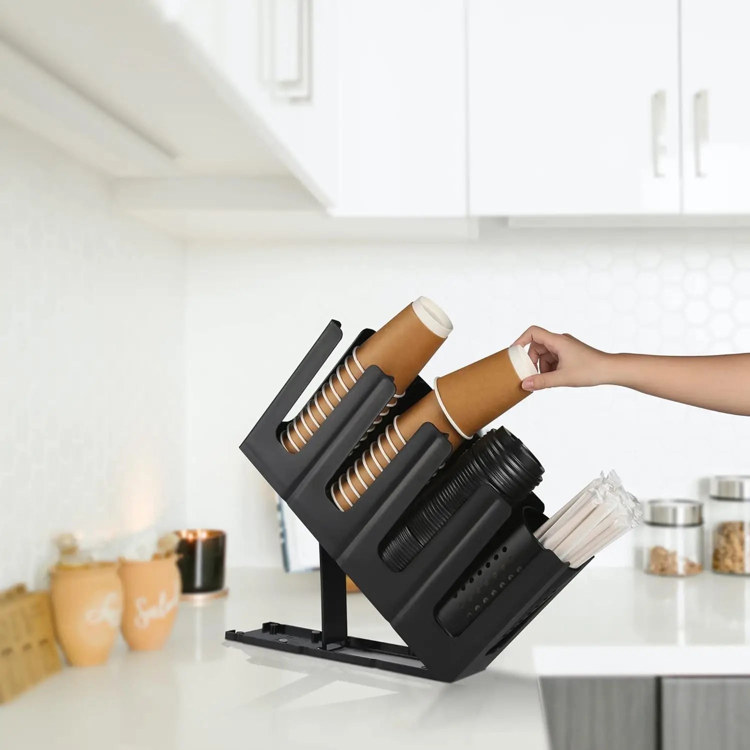 Paper Cup and Lid Holder with Straw Organizer, Disposable Coffee Cup