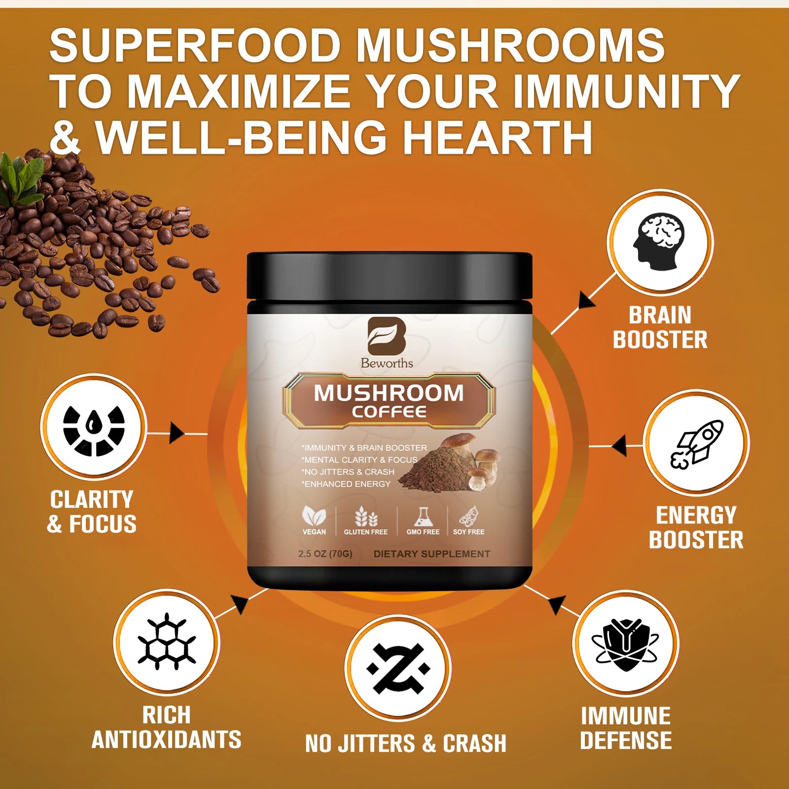 Mushroom Coffee for Immunity and Focus Health Boost Memory Free 1 Spoonful