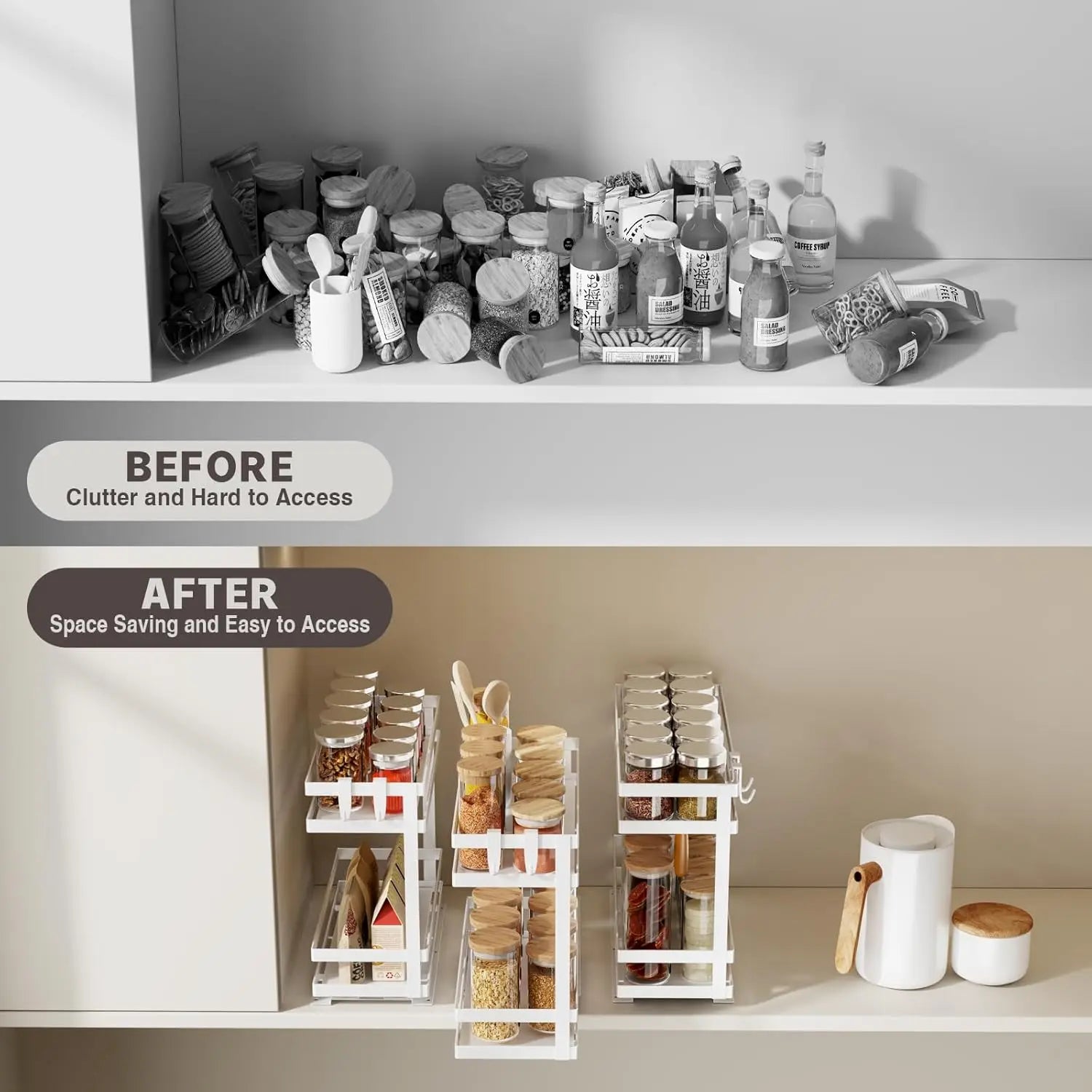 Pull Out Spice Rack Organizer for Cabinet, 2-Tier Metal Seasoning Storage Slide Out
