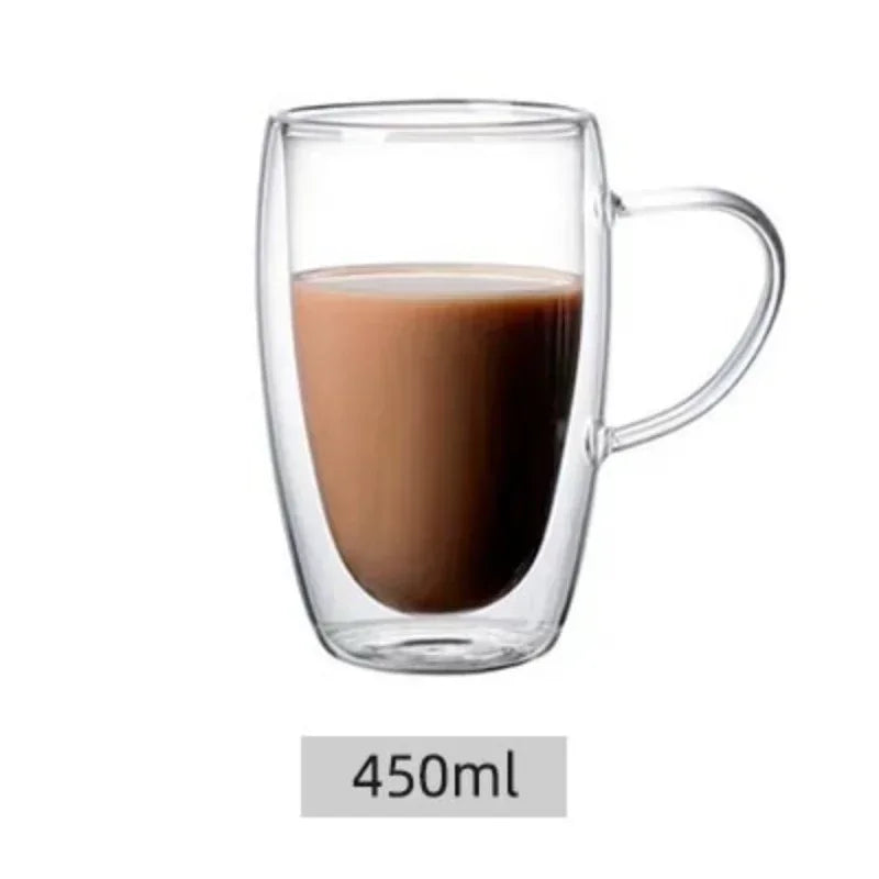 Heat Resistant Clear Double Wall High Borosilicate Glass Mug with Handle Coffee