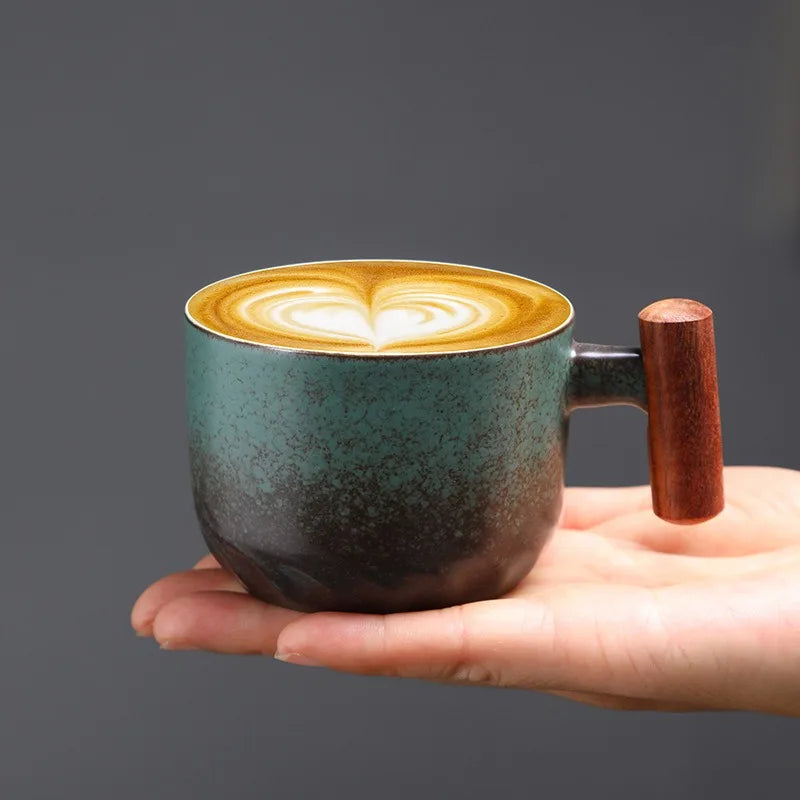 Ceramic retro coffee cup, office water cup, tea cup, wooden handle coffee cup