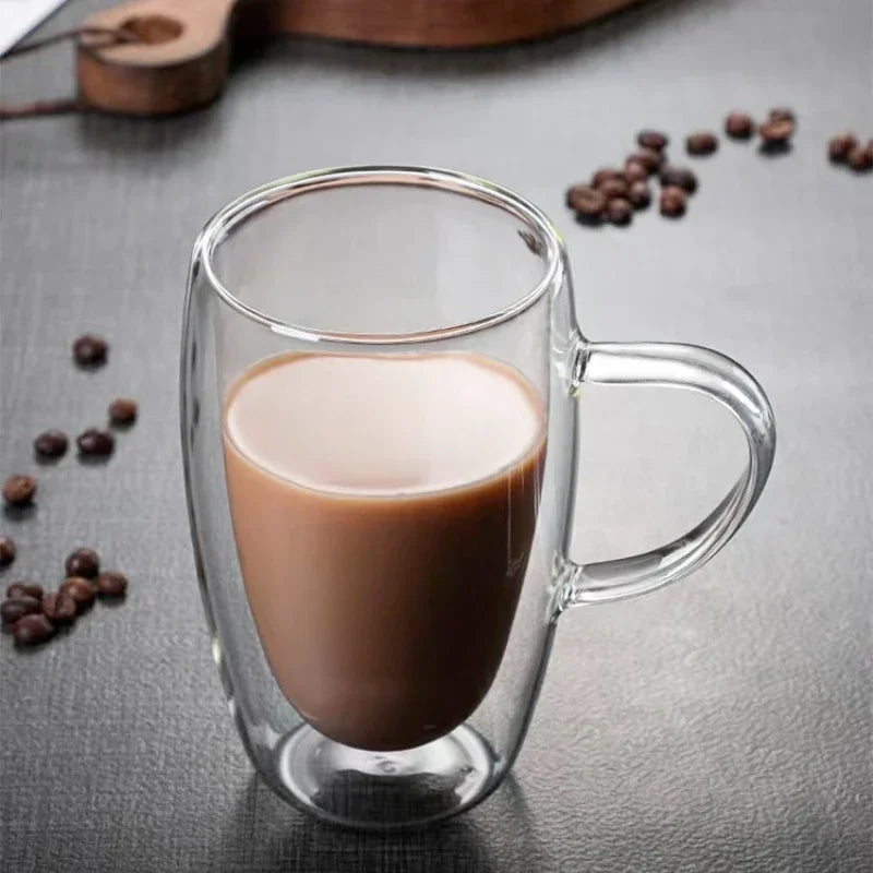 Heat Resistant Clear Double Wall High Borosilicate Glass Mug with Handle Coffee