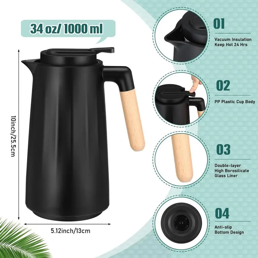 Thermal Coffee Carafe Double Wall Vacuum With Glass Liner and Wood Handle