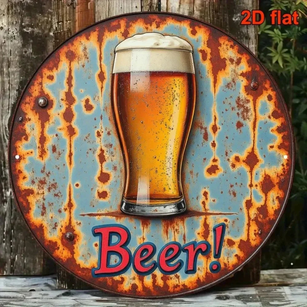 Vintage Beer Wall Decor, Rustic Aluminum Circular Pub Sign, Distressed Beer Mug