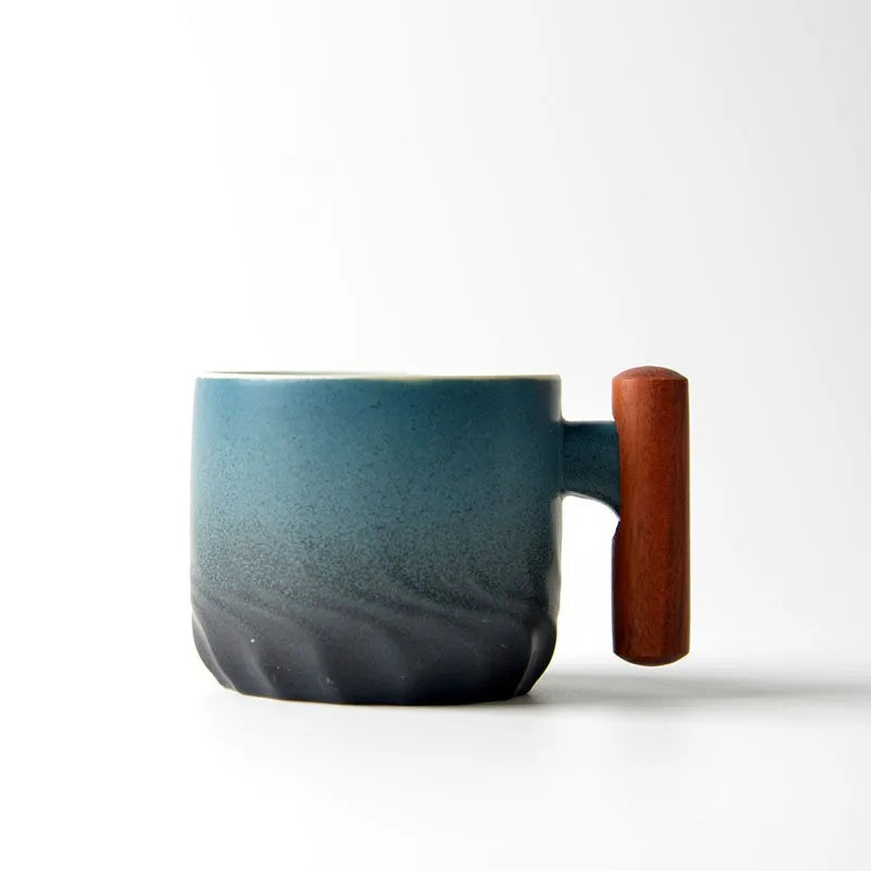 Ceramic retro coffee cup, office water cup, tea cup, wooden handle coffee cup