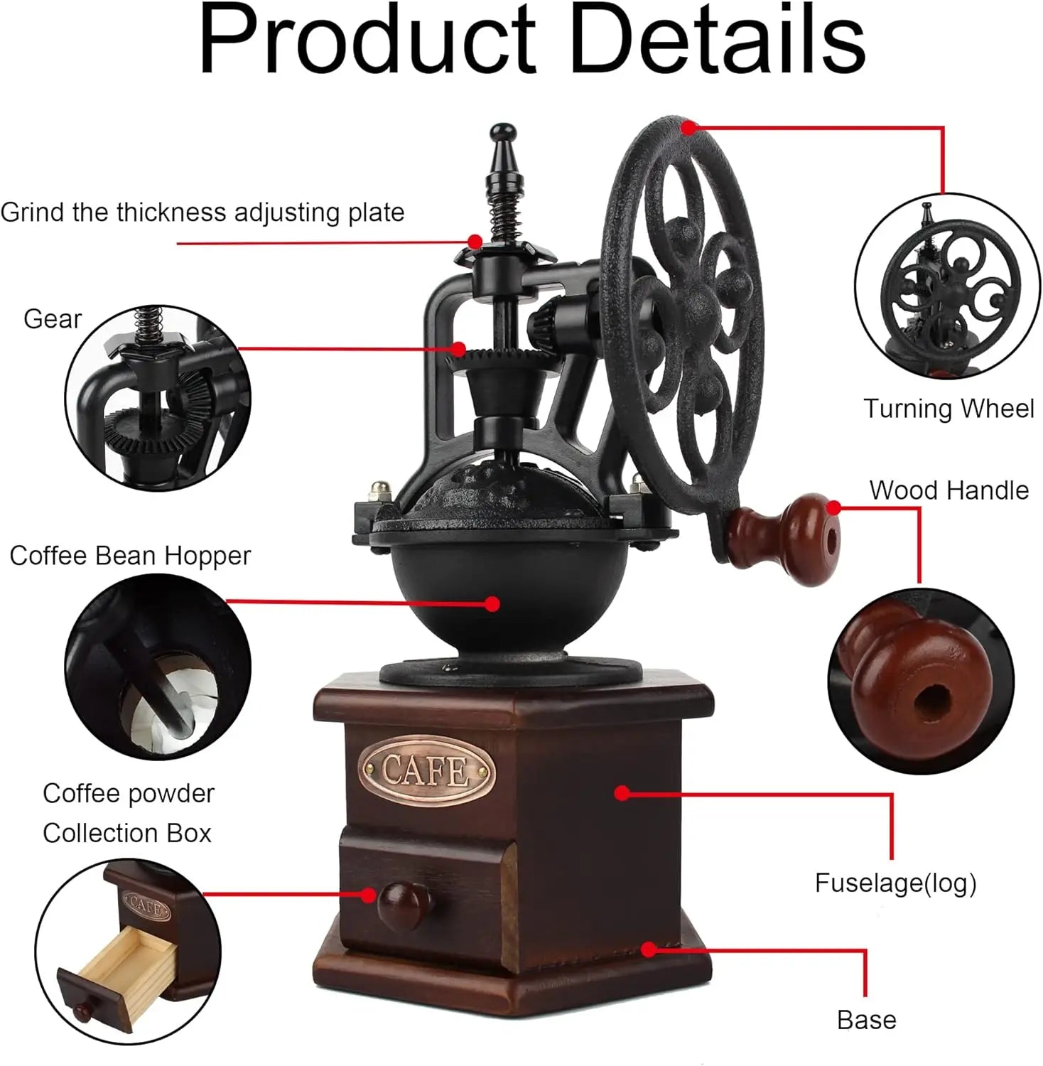 Manual Coffee Grinder, Antique Wooden Roller with Cast Iron Crank for Fresh Brew