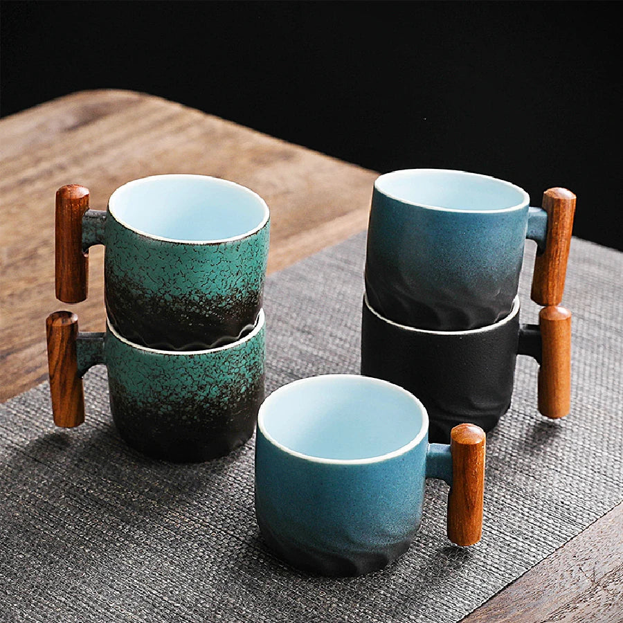 Ceramic retro coffee cup, office water cup, tea cup, wooden handle coffee cup