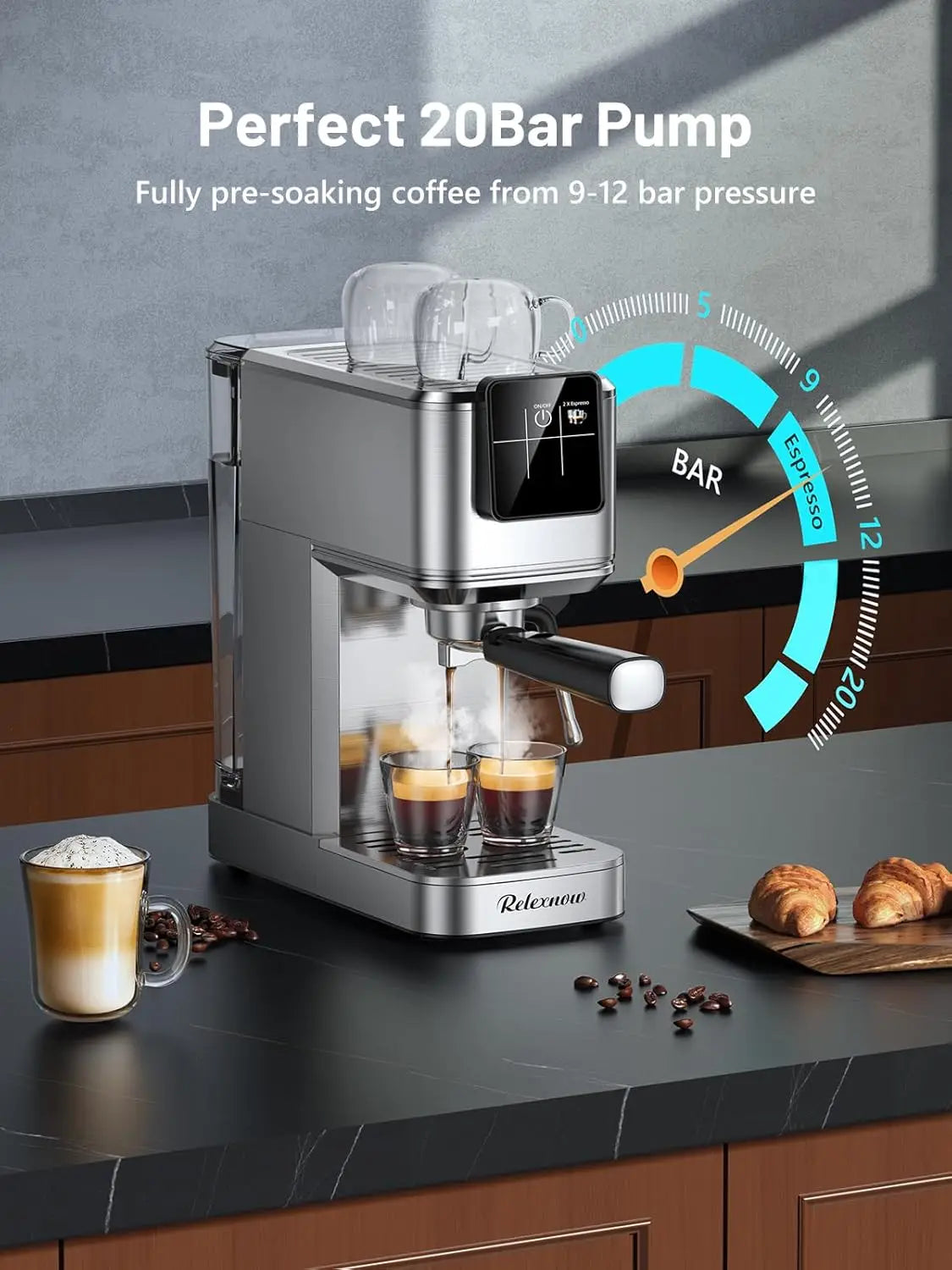 Espresso Machine 20 Bar with Milk Frother & LCD, Hot & Iced Coffee Maker, 41oz Tank