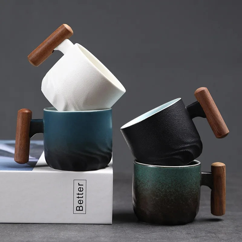 Ceramic retro coffee cup, office water cup, tea cup, wooden handle coffee cup