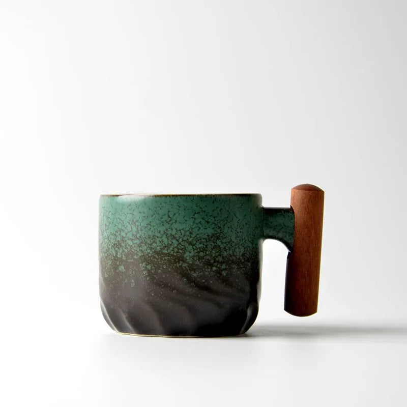 Ceramic retro coffee cup, office water cup, tea cup, wooden handle coffee cup